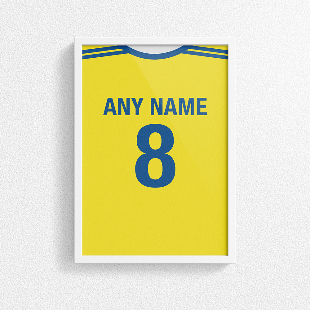 Sweden Retro Home Kit Shirt Inspired Colours for Personalised Football Poster Print. Perfect item for the Blågult fan.