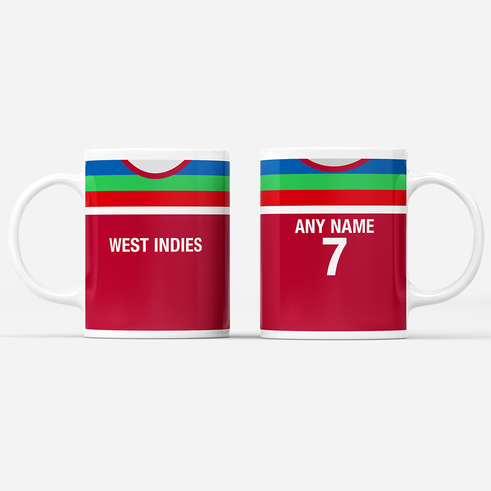 West Indies Retro Style Home Kit Shirt Inspired Colours for Personalised Football Mug with optional Coaster. Perfect item for the Windies fan.