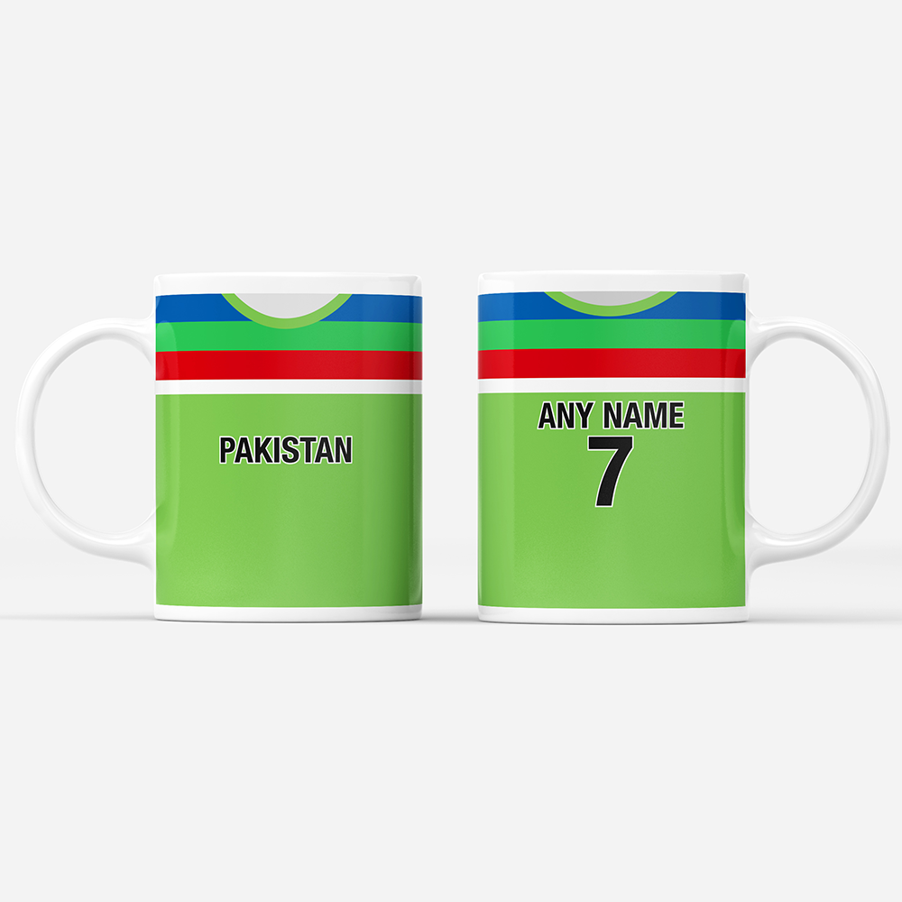 Pakistan Retro Style Home Kit Shirt Inspired Colours for Personalised Football Mug with optional Coaster. Perfect item for the Shaheens fan.
