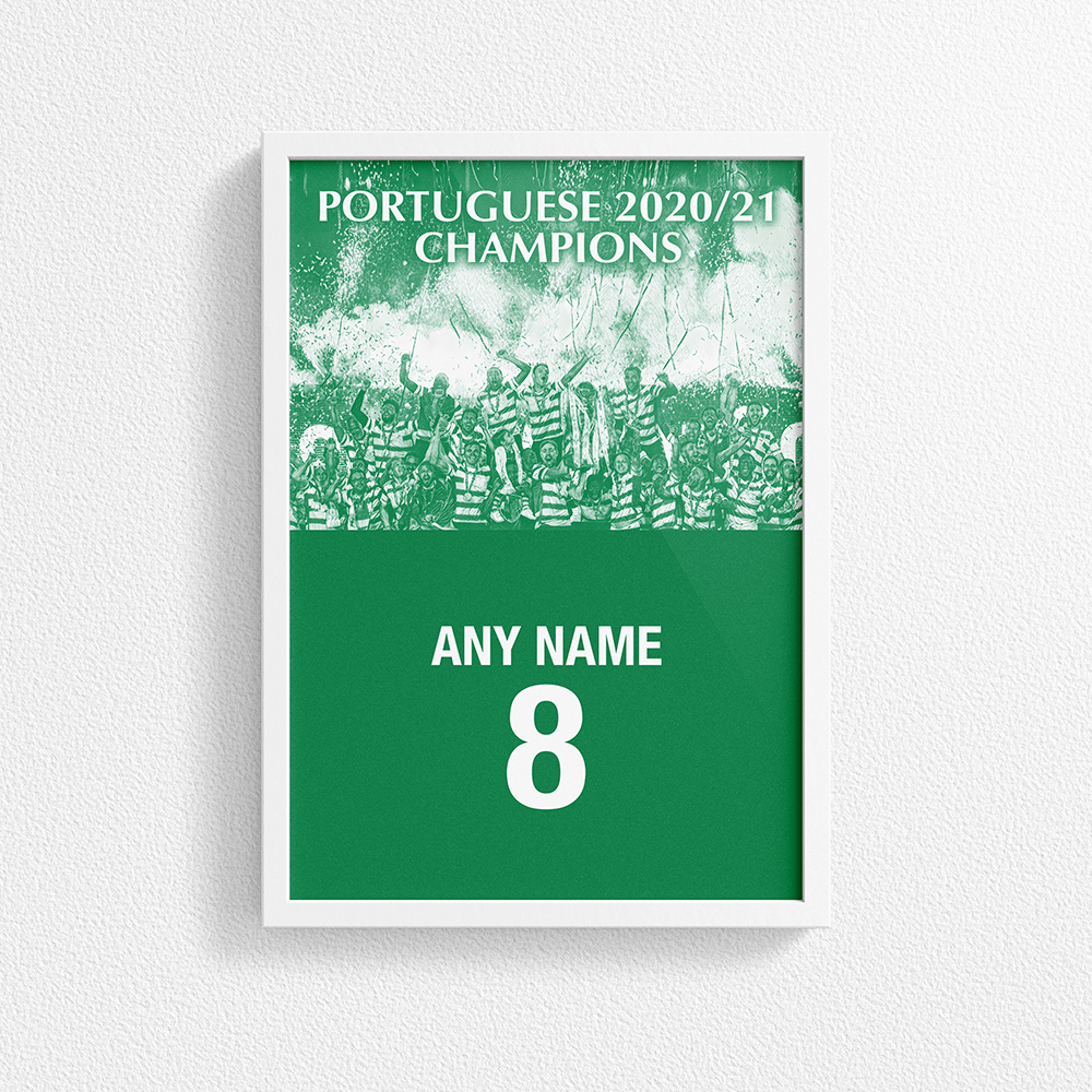 Sporting CP Lisbon 2020/2021 Portuguese Champions Inspired Retro Style Home Kit Colours 'Personalised' Football Poster Print.