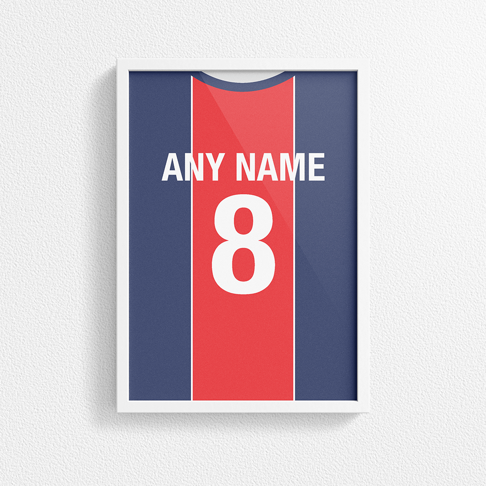 Paris Retro Home Kit Shirt Inspired Colours for Personalised Football Poster Print. Perfect item for Les Rouge-et-Bleu fan.