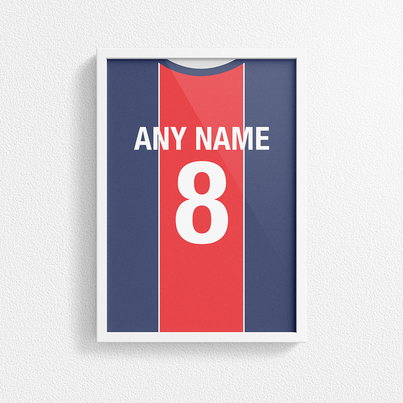 Paris Retro Home Kit Shirt Inspired Colours for Personalised Football Poster Print. Perfect item for Les Rouge-et-Bleu fan.