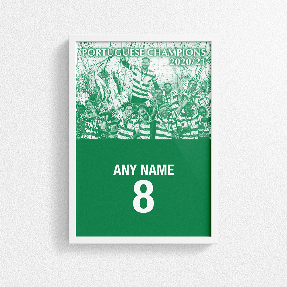 Sporting CP Lisbon 2020/2021 Portuguese Champions Inspired Retro Style Home Kit Colours 'Personalised' Football Poster Print.