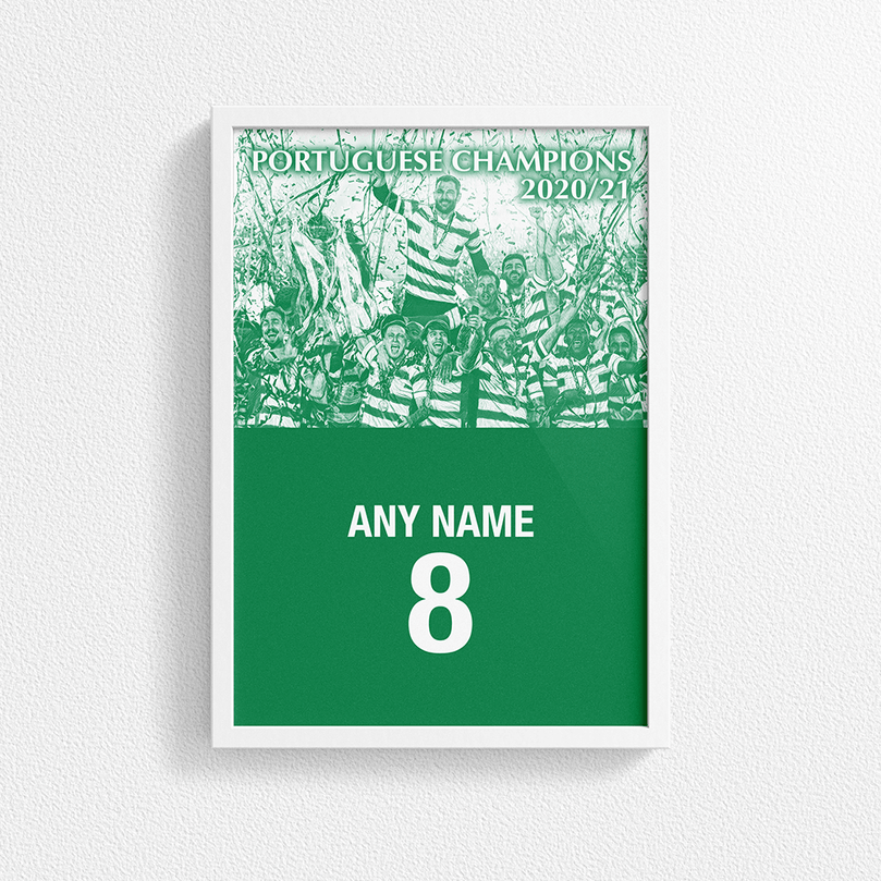 Sporting CP Lisbon 2020/2021 Portuguese Champions Inspired Retro Style Home Kit Colours 'Personalised' Football Poster Print.