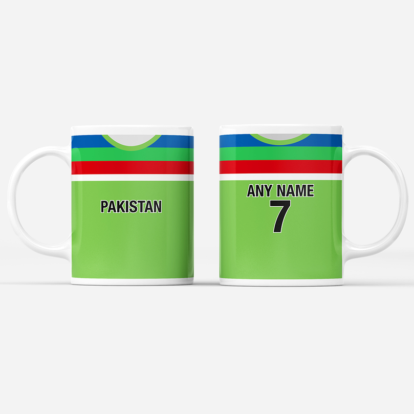 Pakistan Retro Style Home Kit Shirt Inspired Colours for Personalised Football Mug with optional Coaster. Perfect item for the Shaheens fan.