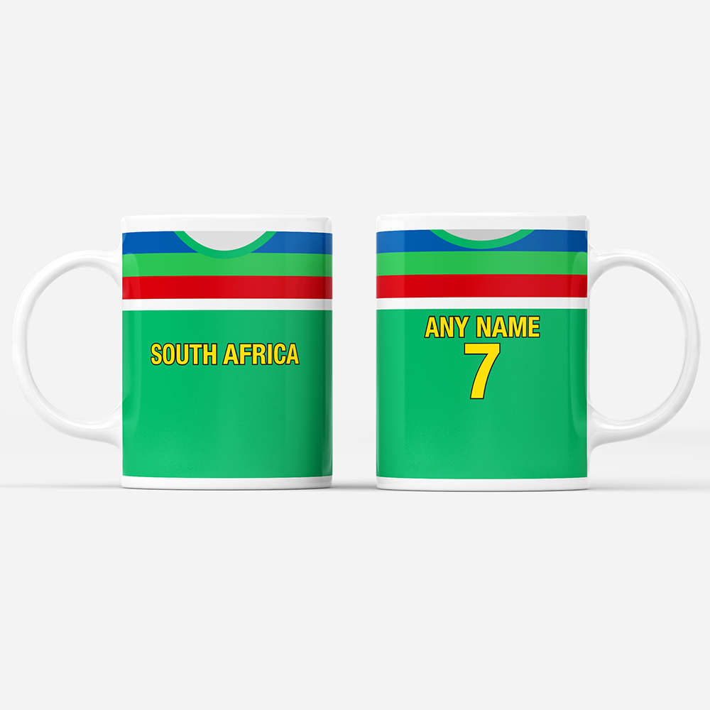 South Africa Retro Style Home Kit Shirt Inspired Colours for Personalised Football Mug with optional Coaster. Perfect item for the Proteas fan.