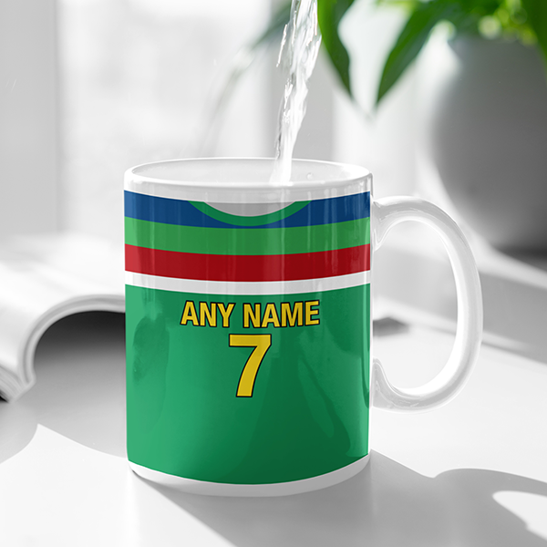 South Africa Retro Style Home Kit Shirt Inspired Colours for Personalised Football Mug with optional Coaster. Perfect item for the Proteas fan.