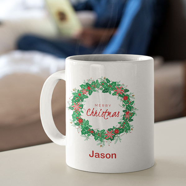 Merry Christmas 'Personalised' Mug. Xmas Wreath.