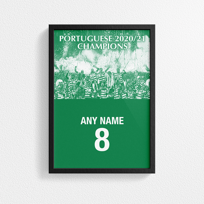 Sporting CP Lisbon 2020/2021 Portuguese Champions Inspired Retro Style Home Kit Colours 'Personalised' Football Poster Print.