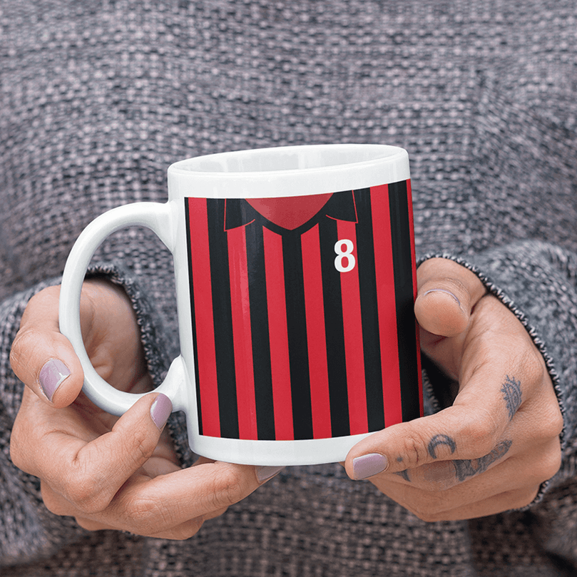 AC Milan Retro Style Home Kit Shirt Inspired Colours for Personalised Football Mug with optional Coaster.