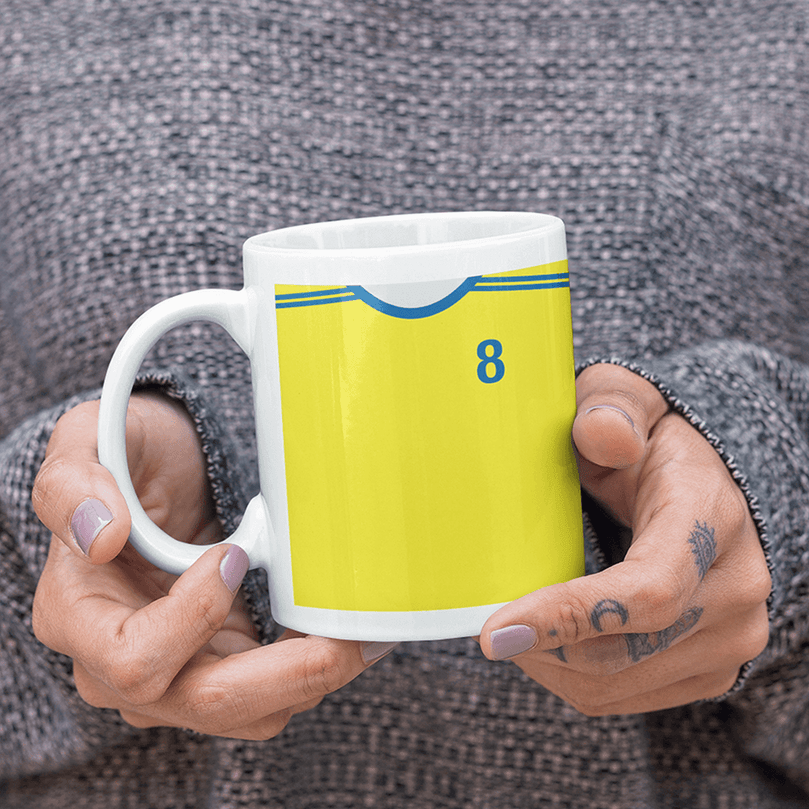 Sweden Retro Style Home Kit Shirt Inspired Colours for Personalised Football Mug with optional Coaster. Perfect item for the Blågult fan.