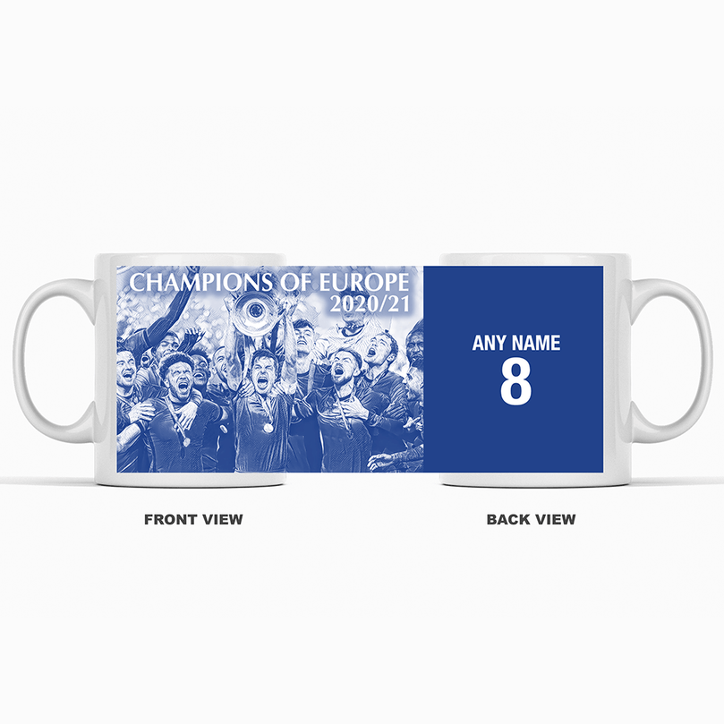 Chelsea 2020/2021 Champions of Europe Inspired Colours for Personalised Football Mug with optional Coaster. Perfect item for The Blues fan.