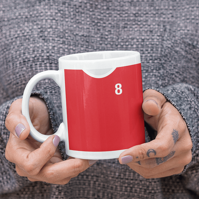 Liverpool Retro Home Kit Shirt Inspired Colours for Personalised Football Mug with optional Coaster.