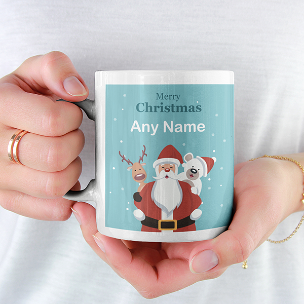 Merry Christmas 'Personalised' Mug. Santa + Rudolph Reindeer + Polar Bear.