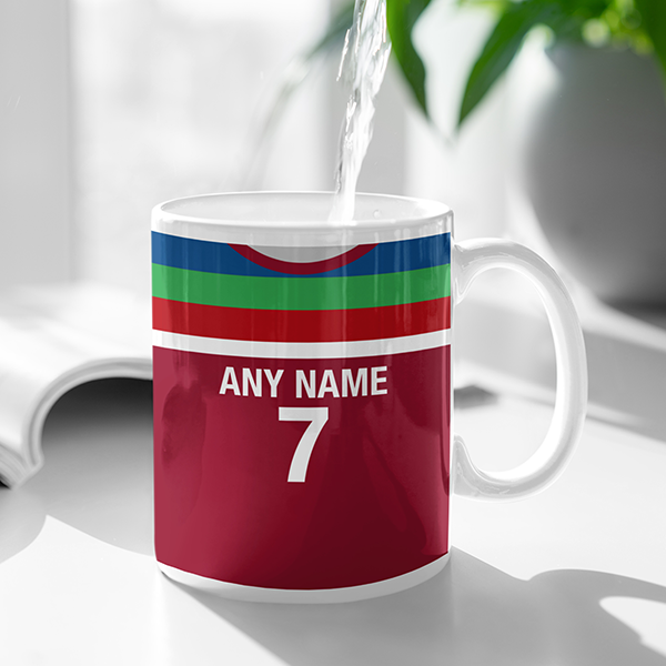 West Indies Retro Style Home Kit Shirt Inspired Colours for Personalised Football Mug with optional Coaster. Perfect item for the Windies fan.