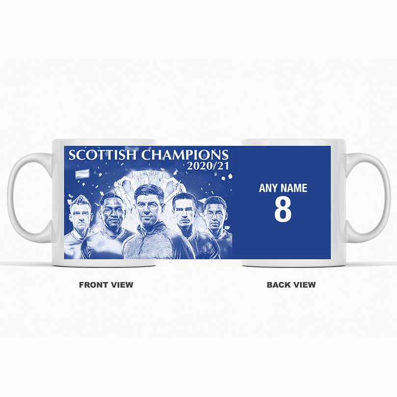 Rangers 2020/2021 Scottish Champions Inspired Personalised Football Mug with optional Coaster. Perfect item for The Teddy Bears fan.