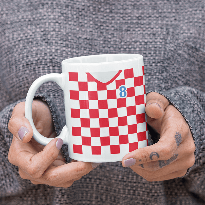 Croatia Retro Style Home Kit Shirt Inspired Colours for Personalised Football Mug with optional Coaster. Perfect item for the Vatreni fan.