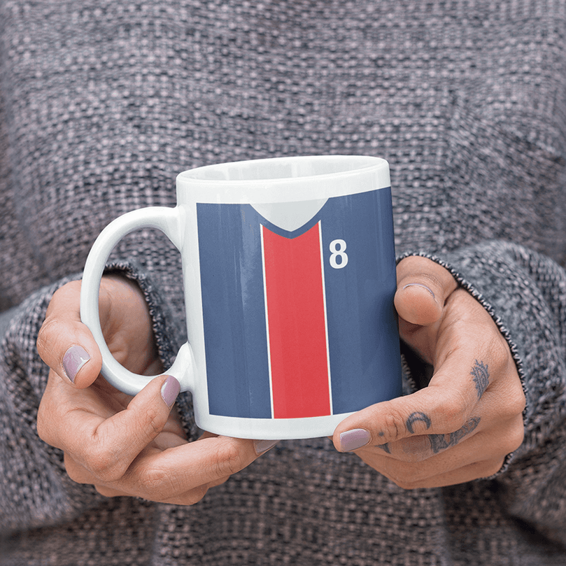 Paris Retro Style Home Kit Shirt Inspired Colours for Personalised Football Mug with optional Coaster. Perfect item for Les Rouge-et-Bleu fan.