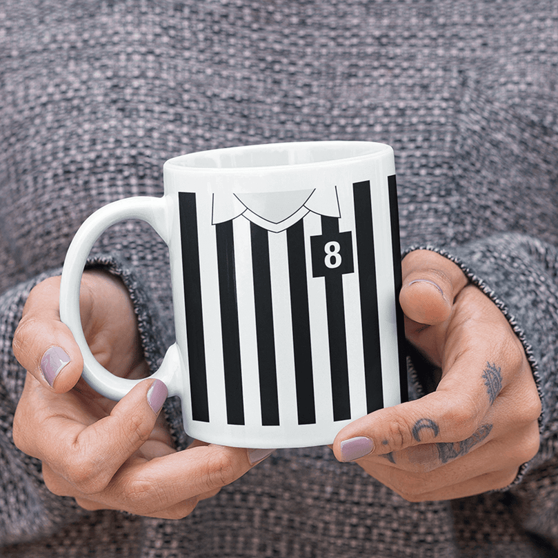Juventus Retro Style Home Kit Shirt Inspired Colours for Personalised Football Mug with optional Coaster.