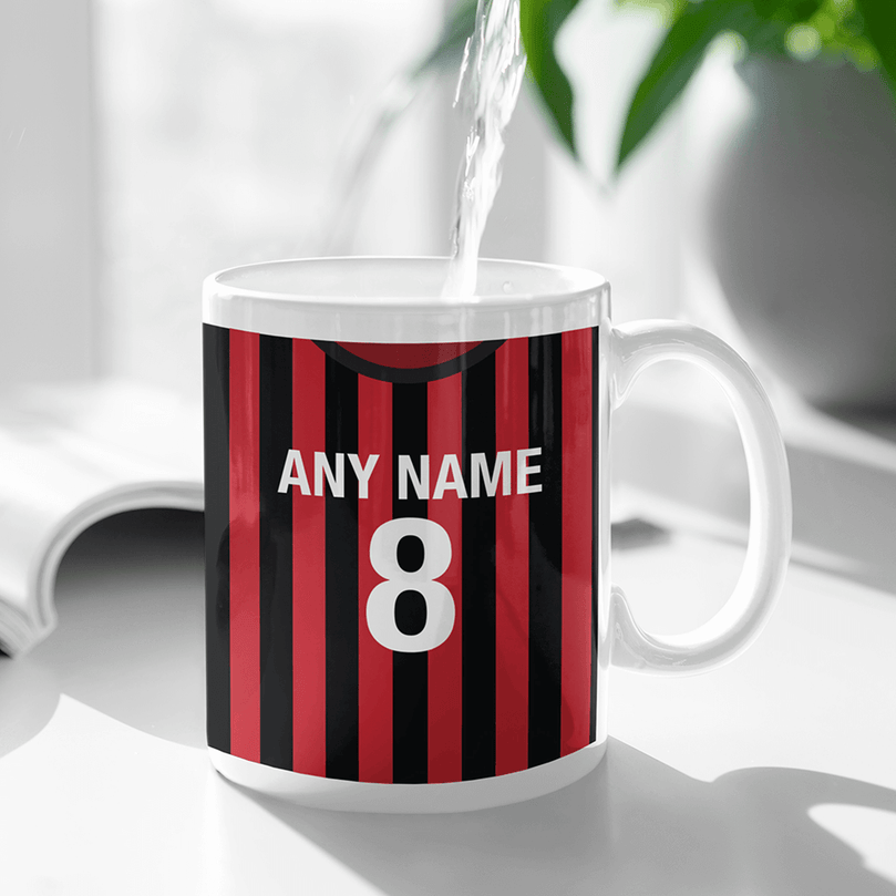 AC Milan Retro Style Home Kit Shirt Inspired Colours for Personalised Football Mug with optional Coaster.
