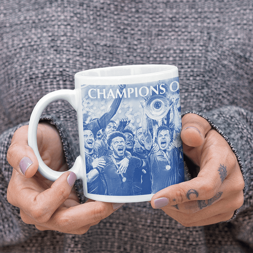 Chelsea 2020/2021 Champions of Europe Inspired Colours for Personalised Football Mug with optional Coaster. Perfect item for The Blues fan.