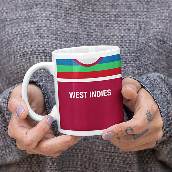 West Indies Retro Style Home Kit Shirt Inspired Colours for Personalised Football Mug with optional Coaster. Perfect item for the Windies fan.