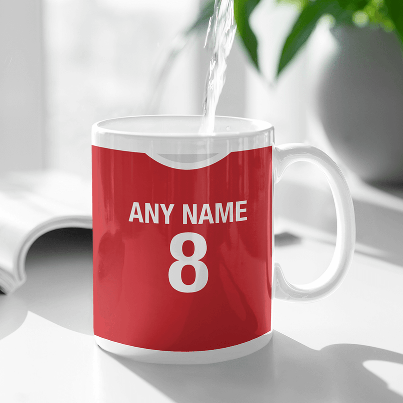 Liverpool Retro Home Kit Shirt Inspired Colours for Personalised Football Mug with optional Coaster.