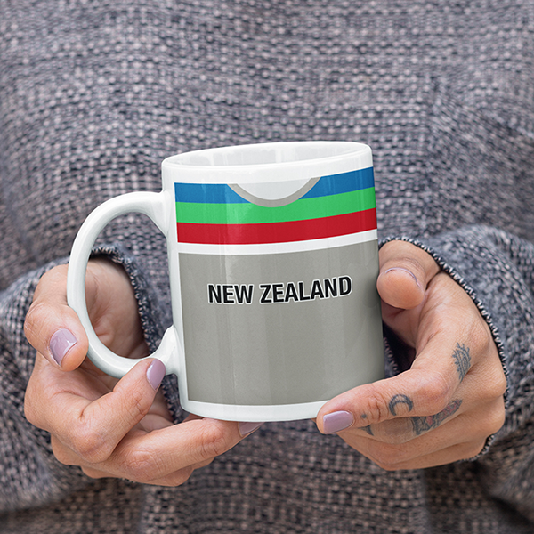 New Zealand Retro Style Home Kit Shirt Inspired Colours for Personalised Football Mug with optional Coaster. Perfect item for the Black Caps fan.