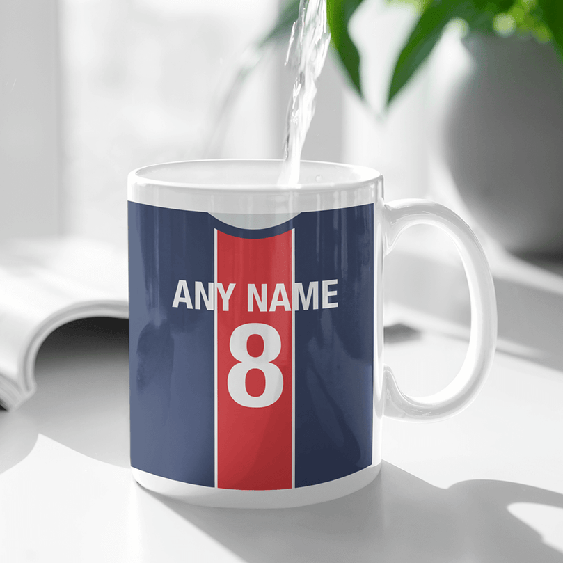 Paris Retro Style Home Kit Shirt Inspired Colours for Personalised Football Mug with optional Coaster. Perfect item for Les Rouge-et-Bleu fan.