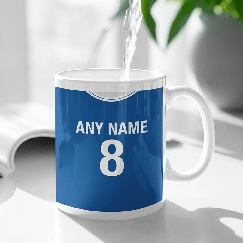 Leicester City Retro Style Home Kit Shirt Inspired Colours for Personalised Football Mug with optional Coaster.