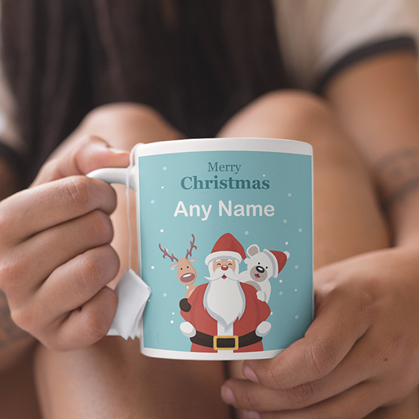 Merry Christmas 'Personalised' Mug. Santa + Rudolph Reindeer + Polar Bear.