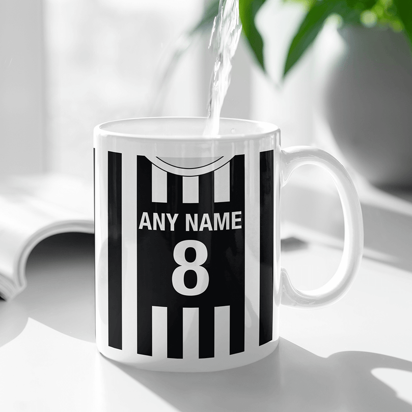 Juventus Retro Style Home Kit Shirt Inspired Colours for Personalised Football Mug with optional Coaster.