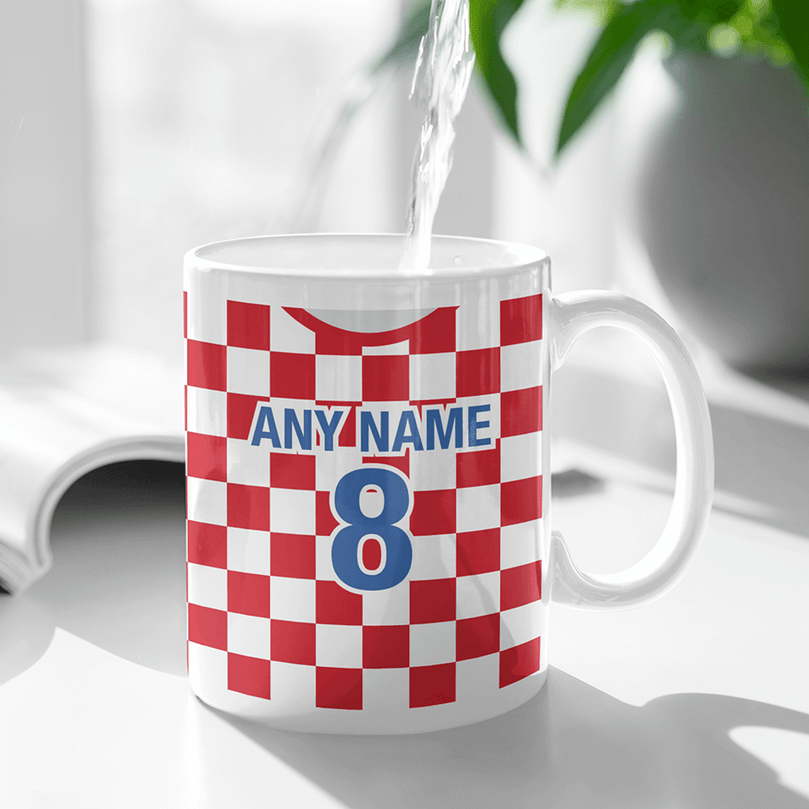 Croatia Retro Style Home Kit Shirt Inspired Colours for Personalised Football Mug with optional Coaster. Perfect item for the Vatreni fan.