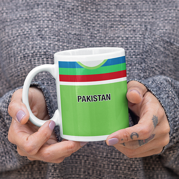 Pakistan Retro Style Home Kit Shirt Inspired Colours for Personalised Football Mug with optional Coaster. Perfect item for the Shaheens fan.