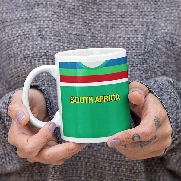South Africa Retro Style Home Kit Shirt Inspired Colours for Personalised Football Mug with optional Coaster. Perfect item for the Proteas fan.