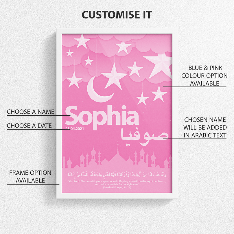 Muslim Baby Nursery 'Personalised' Islamic Poster Print For Boys & Girls