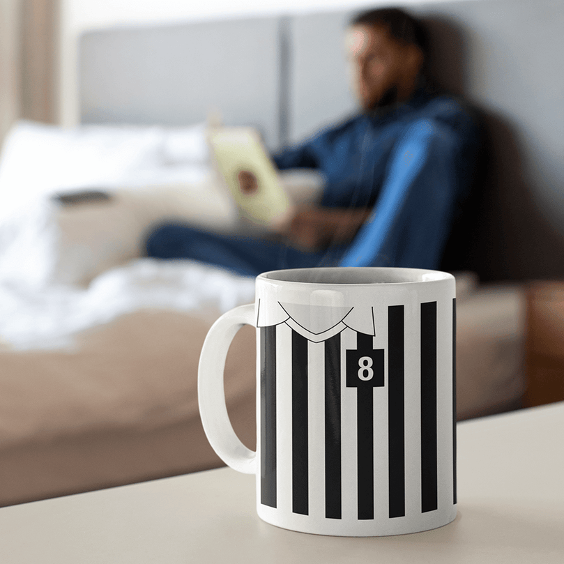Juventus Retro Style Home Kit Shirt Inspired Colours for Personalised Football Mug with optional Coaster.