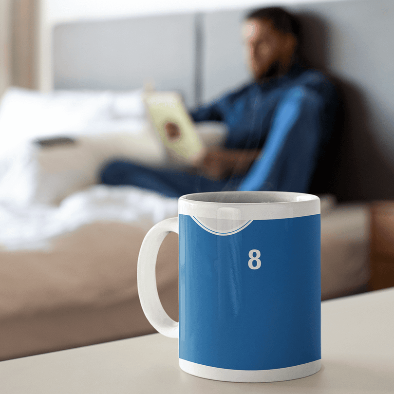 Leicester City Retro Style Home Kit Shirt Inspired Colours for Personalised Football Mug with optional Coaster.