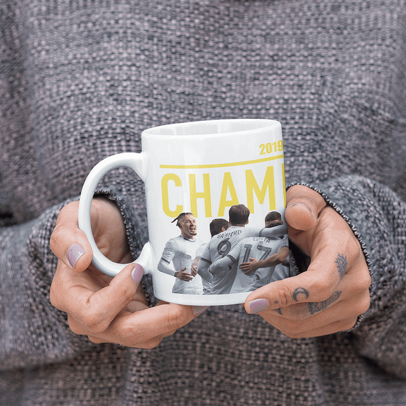 Leeds 2019/2020 Champions Inspired Colours for Personalised Football Mug with optional Coaster. Perfect item for The Peacocks fan.