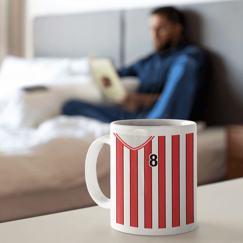 Sheffield United Retro Style Home Kit Shirt Inspired Colours for Personalised Football Mug with optional Coaster.