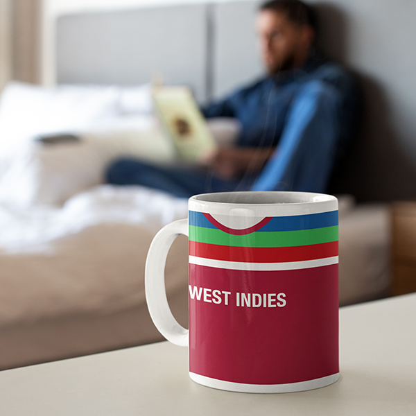 West Indies Retro Style Home Kit Shirt Inspired Colours for Personalised Football Mug with optional Coaster. Perfect item for the Windies fan.