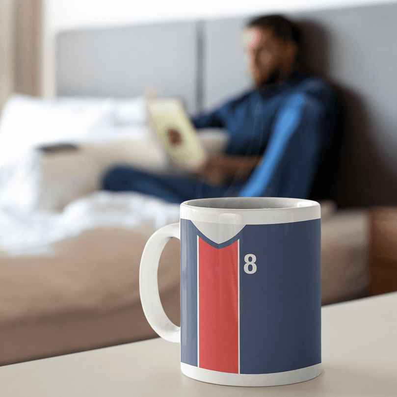 Paris Retro Style Home Kit Shirt Inspired Colours for Personalised Football Mug with optional Coaster. Perfect item for Les Rouge-et-Bleu fan.