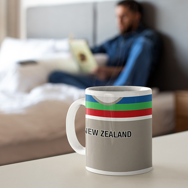 New Zealand Retro Style Home Kit Shirt Inspired Colours for Personalised Football Mug with optional Coaster. Perfect item for the Black Caps fan.