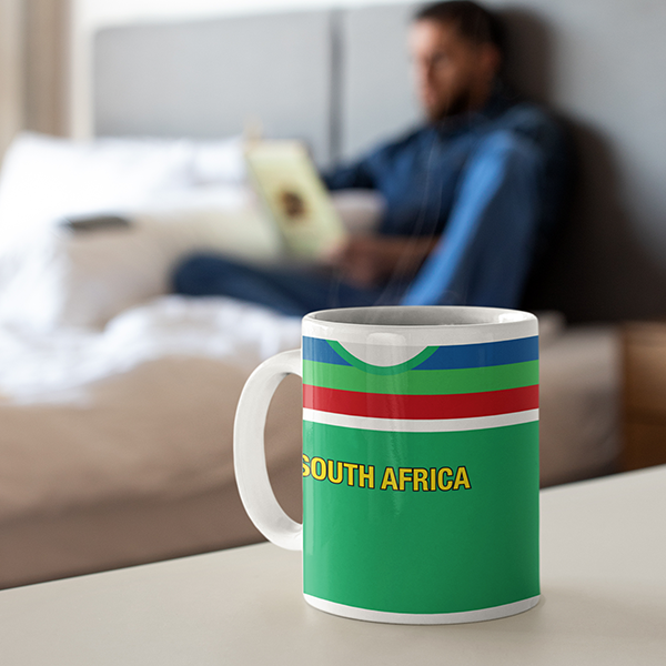 South Africa Retro Style Home Kit Shirt Inspired Colours for Personalised Football Mug with optional Coaster. Perfect item for the Proteas fan.
