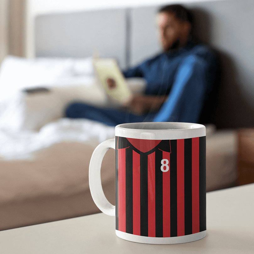 AC Milan Retro Style Home Kit Shirt Inspired Colours for Personalised Football Mug with optional Coaster.