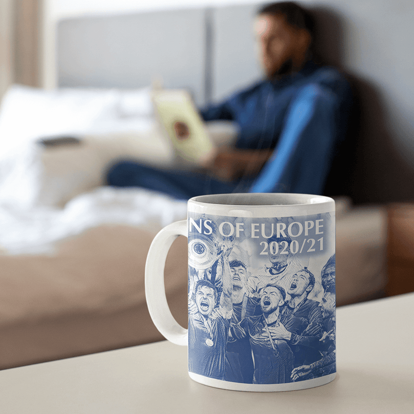 Chelsea 2020/2021 Champions of Europe Inspired Colours for Personalised Football Mug with optional Coaster. Perfect item for The Blues fan.