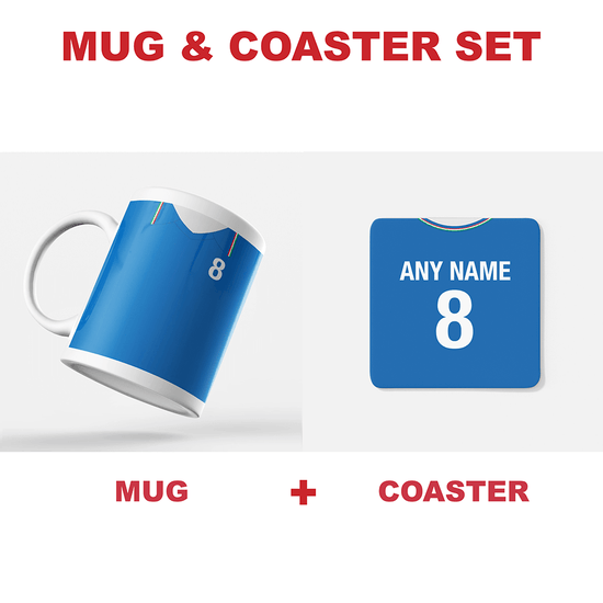 Italy Retro Style Home Kit Shirt Inspired Colours for Personalised Football Mug with optional Coaster. Perfect item for a Azzurri fan.