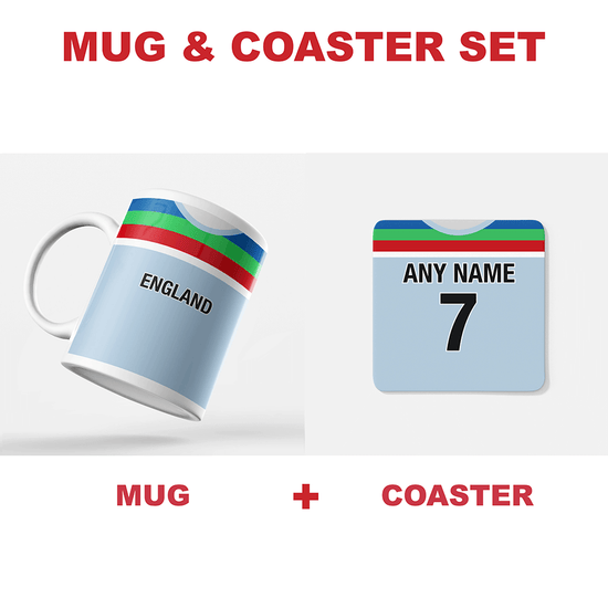 England Retro Style Home Kit Shirt Inspired Colours for Personalised Football Coaster with optional Mug. Perfect item for the England fan.