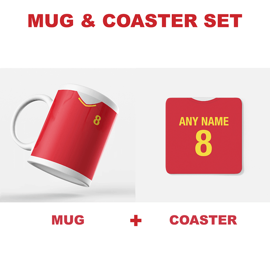 Spain Retro Style Home Kit Shirt Inspired Colours for Personalised Football Coaster with optional Mug. Perfect item for the La Roja fan.
