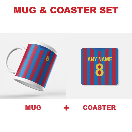 Barcelona Retro Style Home Kit Shirt Inspired Colours for Personalised Football Mug with optional Coaster.